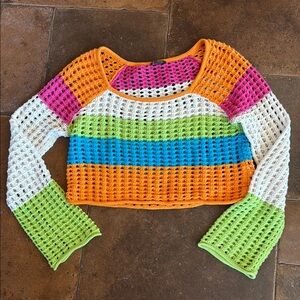 Wild Fable Colorful Striped Crochet Crop Top Sweater Beach Summer Coverup Dance